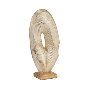 Scultura ovale in metallo con design testurizzato su base in legno per decorazioni per la casa, soggiorno, ufficio, alluminio - Product Image 2