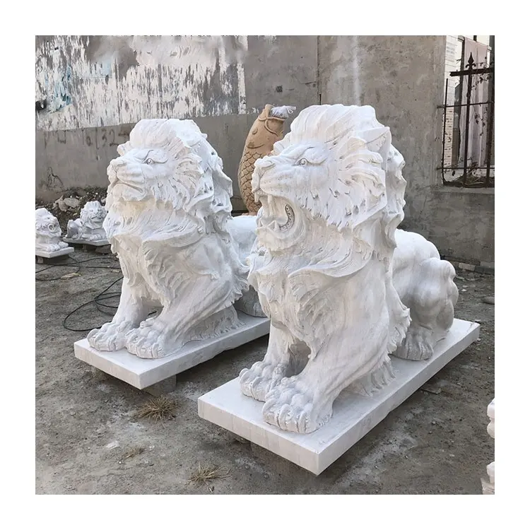 JK Garden Outdoor Marble Lion Hand Carved Natural Stone Animals Sculpture Marble Lion Statue