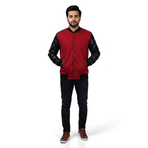 Best Sale New Arrival Men <b>Red</b> and Black Winter Warm Comfortable Baseball Fashion Pu Leather Sleeve Varsity Baseball <b>Jacket</b> - Product Image 1