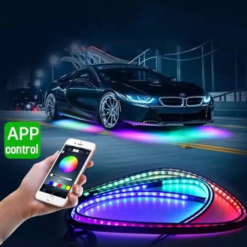 Yuechi App kontrol RGB araba dekorasyon ışık ortam atmosfer led şerit altında Underbody sistemi araba Underglow LED ışıkları Neon