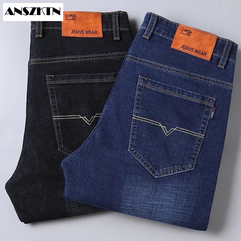 Anszktn <span class=keywords><strong>calças</strong></span> jeans masculinas, logotipo personalizado, barata, casual, social, slim fit, tamanho grande, stretch, <span class=keywords><strong>azul</strong></span>-preta, de cor sólida