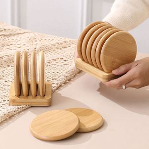 Posavasos Personalizados Redondos de Bambú para Bebidas, Juego de Posavasos para Café con Soporte - Product Image 6