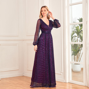 Nuova donna europea e americana Glitter arricciata <span class=keywords><strong>in</strong></span> <span class=keywords><strong>Tulle</strong></span> manica lunga <span class=keywords><strong>con</strong></span> scollo a trapezio completo elegante <span class=keywords><strong>abito</strong></span> Maxi da sera - Product Image 6