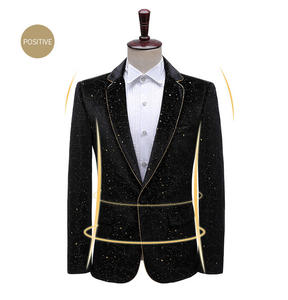<span class=keywords><strong>Blazer</strong></span> en velours noir pour <span class=keywords><strong>homme</strong></span>, <span class=keywords><strong>veste</strong></span> de costume pour <span class=keywords><strong>homme</strong></span> avec garniture dorée, costume de scène, robe de mariage deux pièces - Product Image 5