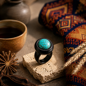 Ebony Wood Turquoise <b>Ring</b> Natural Gemstone Vintage Handmade Band Pau Ferro Bohemian Women's Artisan Jewelry Gift December - Product Image 1