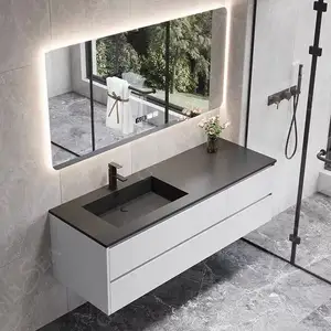 Özel lüks kuvars tezgah üstü set hazır ayna küçük ahşap duvara monte modern lavabo banyo dolabı vanity