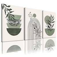 Ensemble d'art mural bohème minimaliste vert sauge et beige, 3 impressions sur toile encadrées brillantes avec des motifs géométriques de lignes, de feuilles, de soleil et de lune