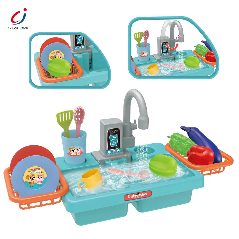 Çocuklar elektrikli bulaşık makinesi oyna Pretend Set bulaşık masa oyuncak, 19 adet renkli müzik çocuklar yıkama mutfak bulaşık yıkama lavabosu oyuncak