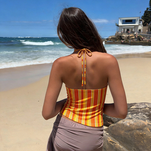 Vestido camisero sexy de verano naranja con cuello en V, transpirable, de punto, con encaje a cuadros, adelgazante, para vacaciones, para mujer, con espalda descubierta - Product Image 5