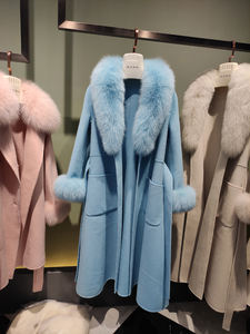 Inverno Cashmere lana pelliccia cappotto di volpe stile lungo bianco capispalla di lusso cintura Alpaca cappotto donna con vera pelliccia di animale <span class=keywords><strong>Trim</strong></span> - Product Image 5