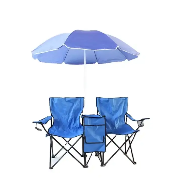 Wholesale foldable outdoor portable folding fishing cooler two-seater armrest picnic chair with sun umbrella