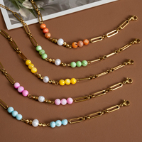Bracelet en acier inoxydable plaqué or 18 carats PVD avec chaîne trombone perlée de pierres naturelles multicolores et perles, mignon et ludique, pour femmes et jeunes filles