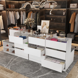 Cómoda de 9 <span class=keywords><strong>cajones</strong></span> con tapa de vidrio templado y Banco cómodo Cómodo Tocador versátil Gabinete de almacenamiento elegante y elegante - Product Image 4