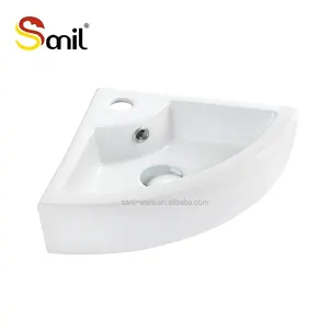 Vasque de salle de bain en céramique triangulaire murale moderne blanche personnalisée, lavabo à trou unique, facile à nettoyer, petite taille, coin lavabo - Product Image 2