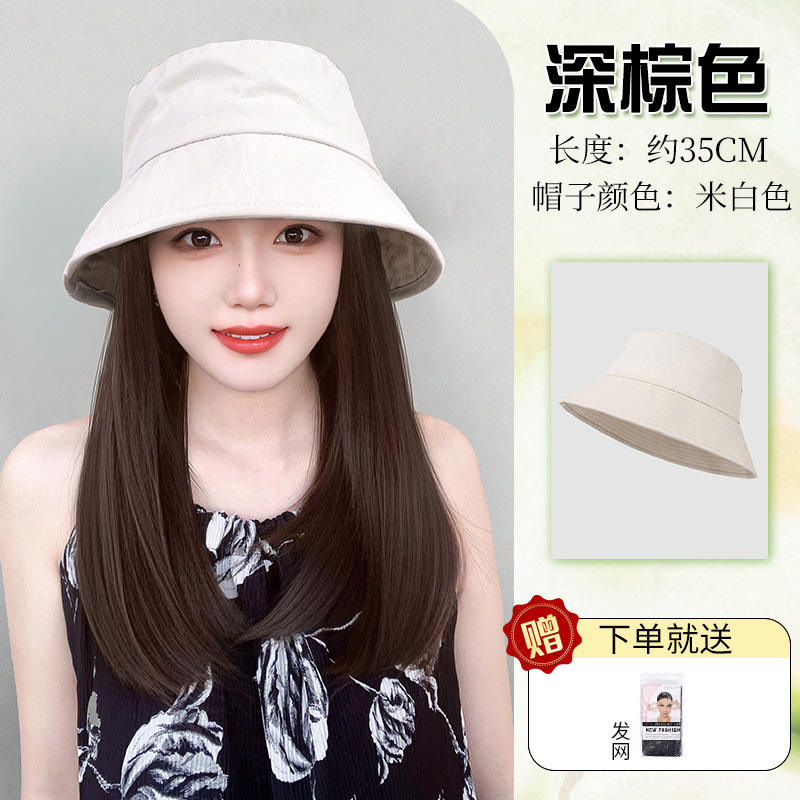 Sombrero de pescador blanco [marrón oscuro] pelo hasta la clavícula