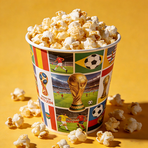 ถังป๊อปคอร์นกระดาษพิมพ์ลายตามสั่ง ถังป๊อปคอร์นแบบใช้แล้วทิ้ง เกรดสำหรับอาหาร ใช้สำหรับงานปาร์ตี้ฟุตบอล - Product Image 1