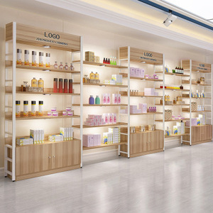High grade wooden skin care display shelf beauty supplies store cosmetic shops display rack with led and floor cabinets