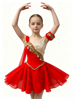 Robe de ballet pour enfants brodée de strass rouges, tutu de danse professionnel pour filles avec manchette pour les bras