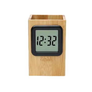 Katı ahşap elektronik saat kalemlik bambu görünüm özelleştirilebilir yaratıcı moda küçük çalar saat süsleme