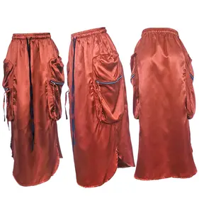 Falda de carga informal para mujer, ropa de calle con bolsillos grandes, cintura elástica, cordón, longitud hasta el tobillo, por debajo de la rodilla, nueva