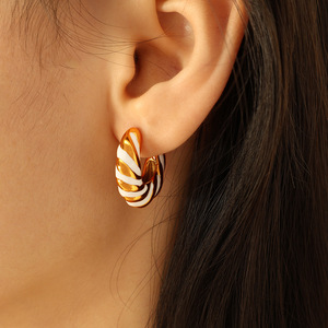 Hoop Earrings Gold White Geometric Design Women's Everyday Wear <b>Titanium</b> Steel EH342 - Product Image 3