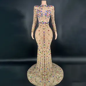 Yeni giysi stilleri 2023 tanımlanmamış dantel renkli kristaller ile düğün elbisesi uzun kollu gelinlikler elbiseler kadın parti