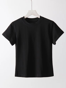 T-shirts courts basiques pour femmes été O cou haut en coton mince t-shirts Streetwear à manches courtes blanc élastique T-<span class=keywords><strong>shirt</strong></span> <span class=keywords><strong>femme</strong></span> <span class=keywords><strong>noir</strong></span> - Product Image 5