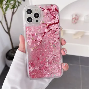 Funda para teléfono móvil Pink <span class=keywords><strong>Peach</strong></span> Blossom Quicksand para iPhone 16 15 14 12 Pro Max Love Hearts Sparkles Liquid <span class=keywords><strong>Cover</strong></span> Flower Design - Product Image 3