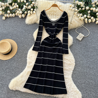 Robe décontractée élégante pour femmes, à manches longues, col en U, rayée, en tricot, coupe évasée, pour tous les jours, vêtements pour femmes, robe élégante pour femmes