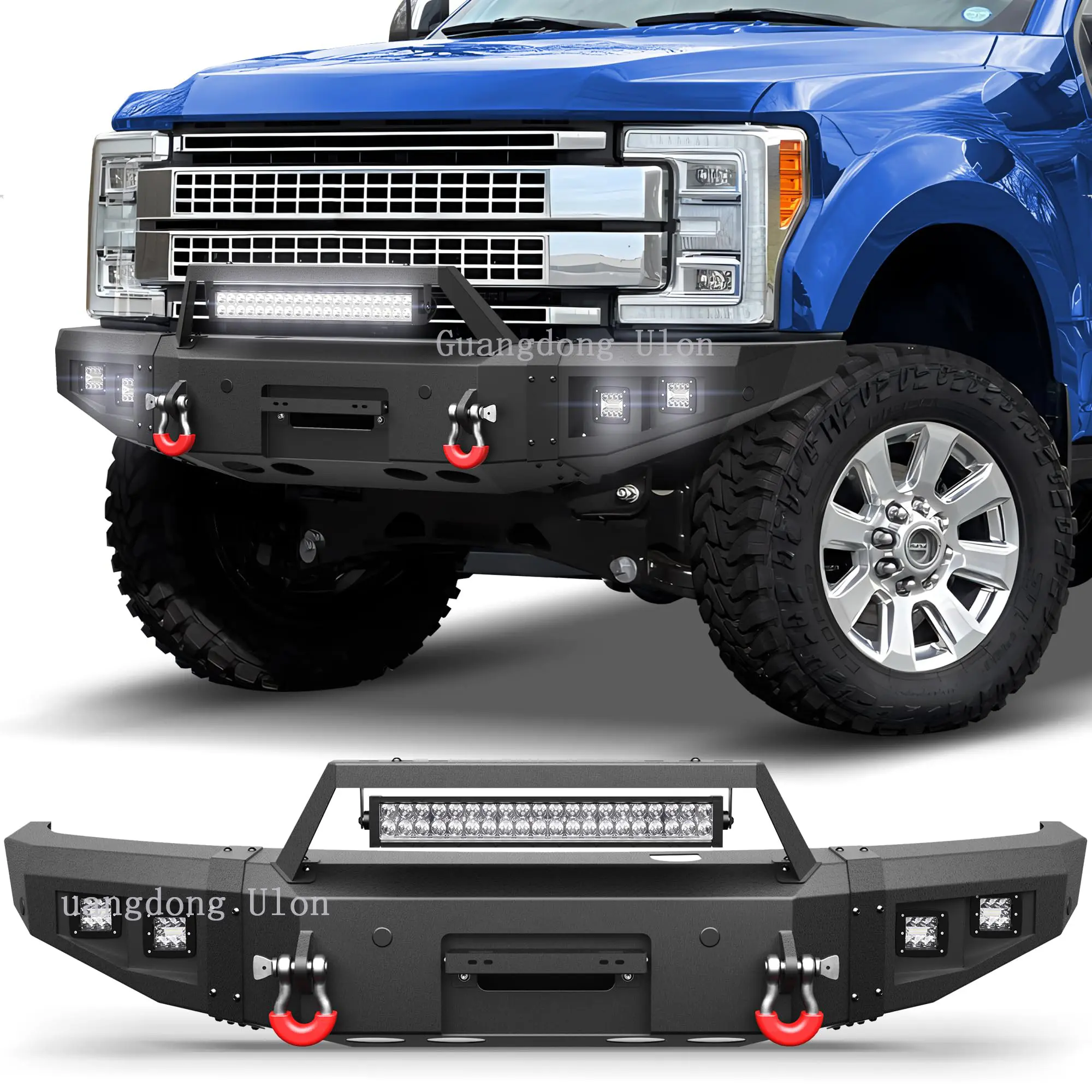 Front Bumper with Winch Plate for 2017-2022 F250/F350/F450, with 144W Long Light Bar, License Plate Bracket, Sensor Holes
