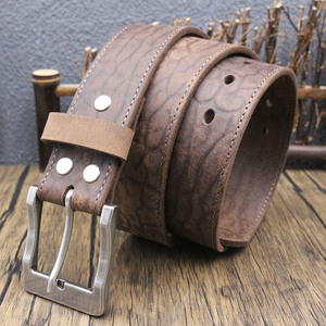 Sabuk Kulit Sapi Full Grain Pria, Tali Kulit Kasar Bertekstur Retak Vintage, Sabuk Pinggang Logam Persegi Matte - Product Image 2