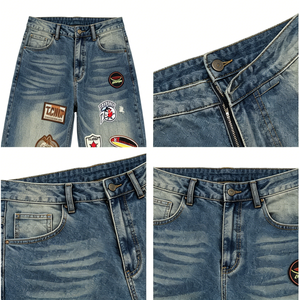 Pantalon en jean ample taille mi-haute style patchwork vintage avec badges brodés multiples, coupe large délavée pour Hip Hop Punk - Product Image 5