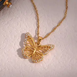 Necklace Elegant Simple Hollow Out Zircon Butterfly Necklace 18K Gold Plated Stainless Steel Tarnish Free Jewelry