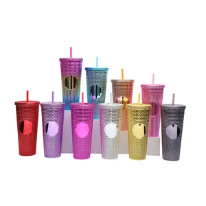 24oz Electroplate Wholesale Bulk Studded Tumbler With Lid And Straw Stocked Double Wall Plastic Studded Tumbler