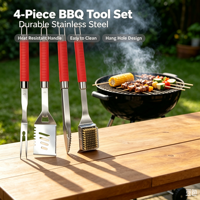 Ensemble de 4 ustensiles de barbecue en acier inoxydable avec poignées TPR rouges et étui de transport à fermeture éclair – Accessoires de barbecue d'extérieur