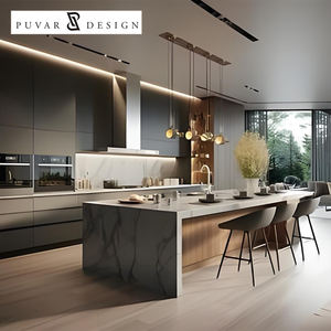 Gabinete de Cocina de <span class=keywords><strong>Madera</strong></span> Contrachapada Negra de Lujo Personalizado, Encimera de Cuarzo, Gabinete de Cocina Modular de <span class=keywords><strong>Madera</strong></span> Moderna, Isla de Cocina, Juego Completo - Product Image 1