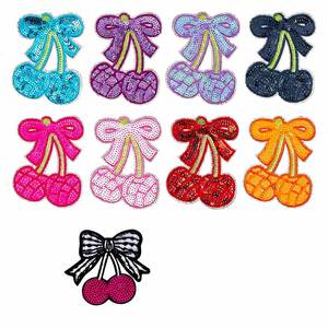 Factory Sale Kawaii Colorful Sequin Embroidery Iron on Cherry <b>Bow</b> Patch for Tshirt Bag Hat Decoration - Product Image 1