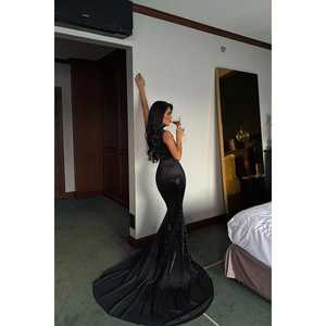 Vestido Largo Negro con Lentejuelas, Estilo de Gala para Fiesta, Talla XL, Cintura Imperio, Escote Corazón, Bordado, Tejido de Poliéster, ODM - Product Image 1