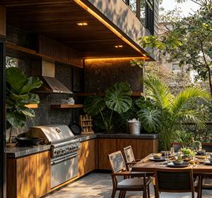 Juego de Barbacoa Moderno para Exteriores en Tono Madera |   Parrilla de Acero 304 con LED |   Gabinete de Barbacoa de Estilo Tropical para Patio de Hotel Villa - Product Image 4