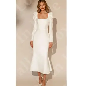2024 Square Neck Long Sleeve Short Wedding Party Dresses Satin Formal Dresses Mermaid Tea-Length Bridal Wedding Gowns