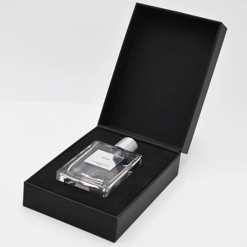 Özel Logo siyah kozmetik hediyelik parfüm kutusu kutusu köpük ek sert kağıt karton kapak kapak mıknatıs şerit çektirme hediye kutusu
