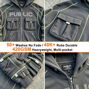 Fabricante OEM de Sudaderas con Capucha de Alta Gama Personalizadas, Sudadera con Capucha para Hombre con Cierre, Diseño Oversize con Pedrería, Múltiples Bolsillos y Costuras en Contraste - Product Image 2