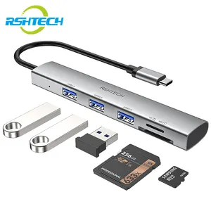 RSHTECH超薄铝坞站C型集线器USB C至USB3.0 SD TF读卡器5合1适配器坞站，适用于电脑笔记本电脑