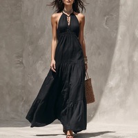 Gaun Maxi Hitam Elegan dengan Kerah Halter untuk Wanita, Gaun Tanpa Lengan Berlapis A-Line yang Seksi, Gaun Panjang Bohemian untuk Pesta Pantai Musim Panas.