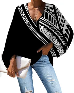 1最小起订量黑色和白色部落女式衬衫2021波利尼西亚纹身印花女式休闲v领雪纺上衣和衬衫衬衫