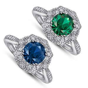 Bague Halo Coupe Ronde 7mm Bleu et <span class=keywords><strong>Vert</strong></span> Sertissage de Prong Plaqué Rhodium Épais Plaqué Or 18K Bague de Promesse en Argent - Product Image 1