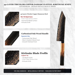 Cuchillo Kiritsuke KitchenBliss VG10 de Cobre Tricolor Damasco, 62HRC, Tratado Térmicamente al Vacío, 33 Capas, Cuchillo Japonés de Maestro de Cocina - Product Image 2