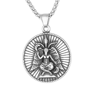 Collar con Colgante Circular de Acero Inoxidable Estilo Gótico Vintage con Símbolo de Baphomet, <span class=keywords><strong>Lucifer</strong></span>, <span class=keywords><strong>Diablo</strong></span>, Satánico y Cabra - Product Image 1