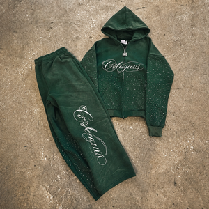 Tute in French Terry con Strass Personalizzate, Effetto Acid Wash, <span class=keywords><strong>Set</strong></span> 2 Pezzi con Zip, <span class=keywords><strong>Felpa</strong></span> con Cappuccio <span class=keywords><strong>e</strong></span> Pantaloni Jogger - Product Image 1