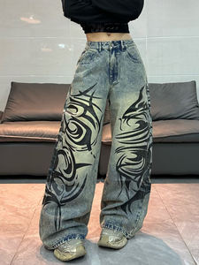 Jean en denim taille haute pour <span class=keywords><strong>femme</strong></span>, brodé sur mesure, délavé vintage, coupe baggy droite évasée - Product Image 6